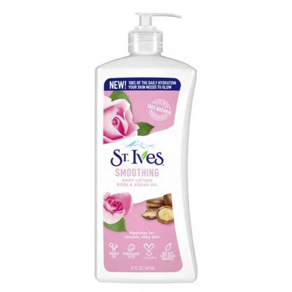 لوسیون بدن عصاره گل رز و روغن آرگان سینت ایوز St.ives stives smoothing rose lotion